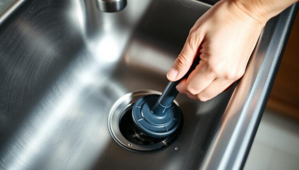 A person using a plunger to unclog a kitchen sink drain, with strong lighting from the side to highlight the action. The sink is made of stainless steel, and the person's hands are gripping the plunger firmly. The drain is partially clogged, with visible debris in the water. The background is blurred, focusing the viewer's attention on the drain-unclogging task. The overall mood is one of resolute problem-solving, with a sense of determination and accomplishment.