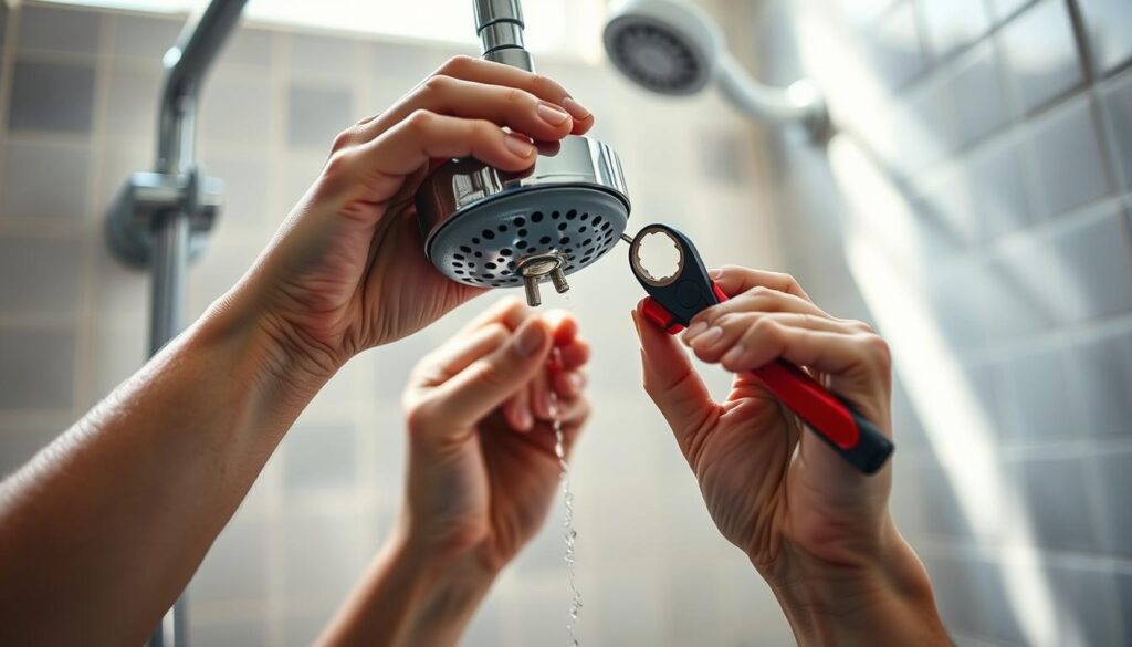 A person's hands carefully examining and repairing a leaky shower head, set against a tiled bathroom backdrop with natural lighting filtering in. The foreground features the shower head, its parts disassembled, and tools like pliers and a wrench being used to tighten connections and replace washers. The middle ground shows the person's focused expression as they troubleshoot the issue, while the background depicts a clean, well-organized bathroom space, conveying a sense of competence and control. The overall scene exudes a mood of quiet determination, with the goal of restoring the shower head to proper working order.