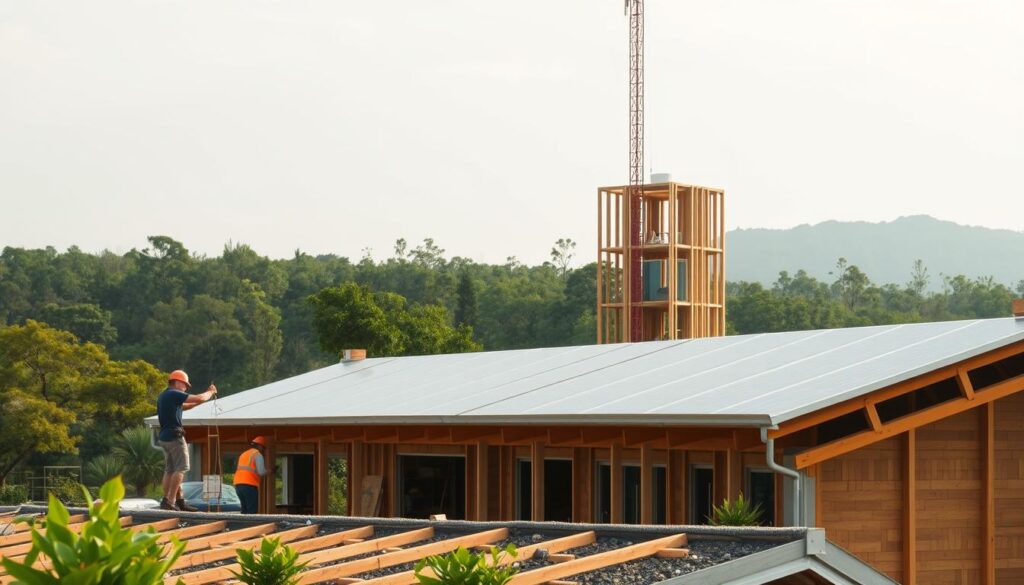 A picturesque construction site, showcasing the latest advancements in eco-friendly building practices. In the foreground, workers diligently install solar panels on the roof, harnessing the sun's renewable energy. In the middle ground, a towering structure made of sustainable timber frames and insulated with recycled materials stands as a testament to green architectural design. The background features a lush, verdant landscape, with native trees and plants surrounding the site, creating a harmonious integration of nature and human innovation. Soft, diffused lighting illuminates the scene, evoking a sense of tranquility and environmental stewardship. The overall composition conveys a forward-thinking approach to construction, where technology and nature coexist in perfect balance.