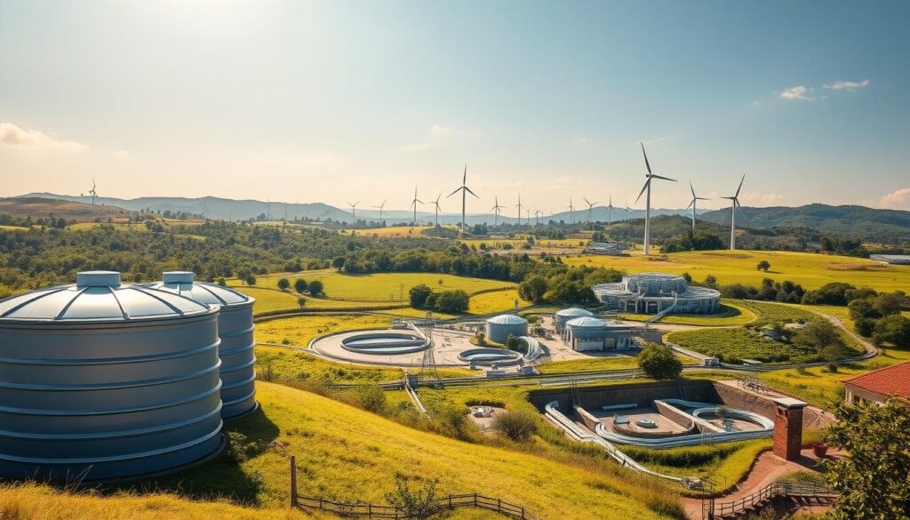 A picturesque landscape showcasing sustainable water supply systems. In the foreground, a series of sleek, modern rainwater harvesting tanks blend seamlessly into the environment. The middle ground features an intricate network of underground pipes and storage reservoirs, all powered by renewable energy sources. In the distance, a lush, verdant landscape with towering wind turbines and solar panels, harnessing the power of nature to provide a reliable, eco-friendly water supply. The scene is bathed in warm, golden sunlight, conveying a sense of harmony and balance between human ingenuity and the natural world.