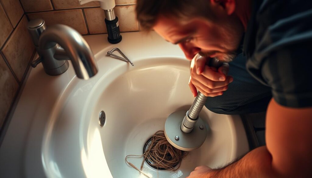 A plumber crouched over a sink, using a plunger to unclog a drain. The scene is lit with warm, natural light streaming in from a nearby window, casting soft shadows on the tiles and porcelain surfaces. The plumber's face is focused, brow furrowed in concentration as they work to dislodge the obstruction. The drain's interior is visible, revealing a tangled mass of hair, soap scum, and other debris. The surrounding area is clean and organized, with a few basic plumbing tools nearby, ready to assist in the task. The overall atmosphere conveys a sense of productive problem-solving, with the plumber taking a methodical approach to a common household issue.