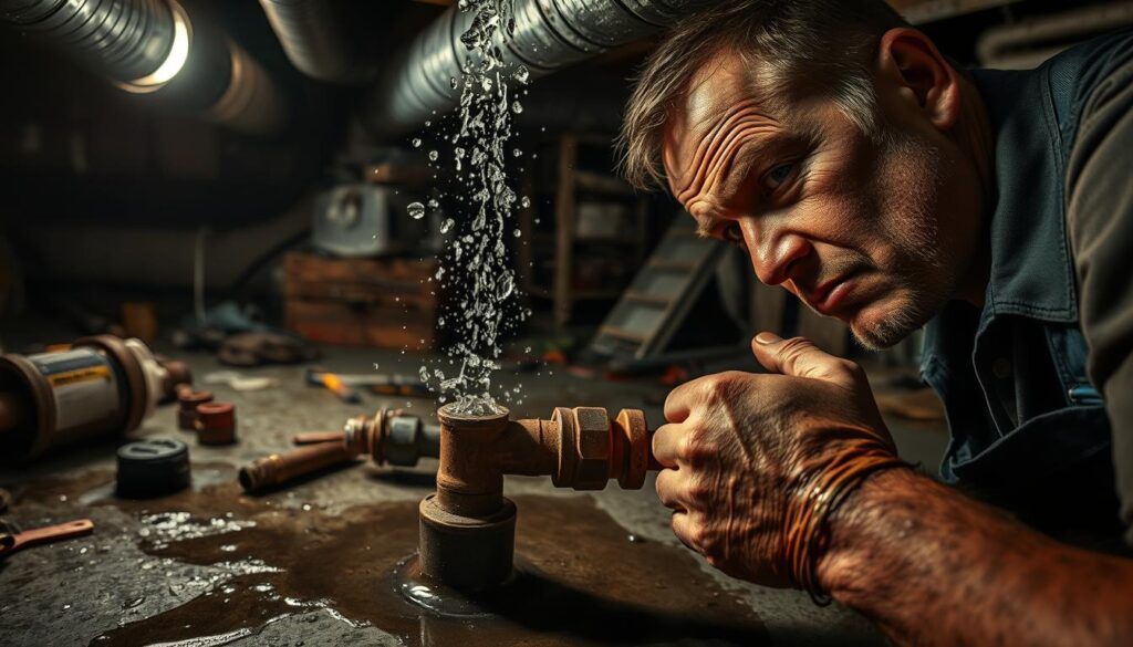 A plumber's hand skillfully mending a burst pipe, water spraying amidst the dimly lit, cluttered basement. Worn tools scattered across the damp concrete floor, puddles reflecting the warm glow of a worklight. Pipes and ducts crisscross above, casting dramatic shadows. The plumber's brow furrowed in concentration, sweat beading on their forehead as they apply sealant and tighten fittings. Muted tones of rust, copper, and grime evoke the gritty, urgent nature of the repair. A sense of urgency and problem-solving pervades the scene, the plumber's expertise restoring order to the chaos of the burst pipe.