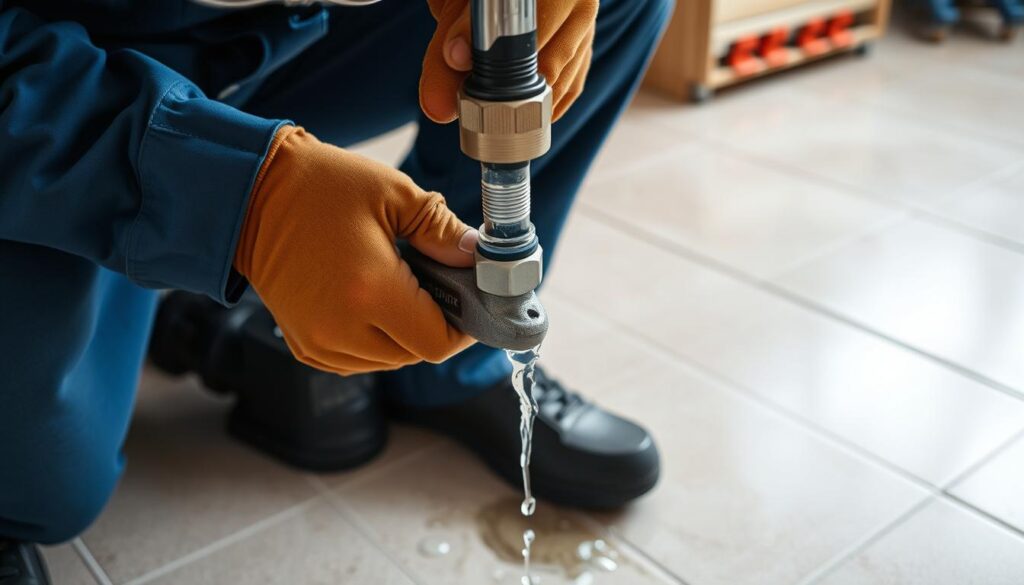 A plumber's hands carefully tightening a wrench around a leaky pipe, water gently dripping from the joint. The work area is well-lit, with a neutral tile or concrete floor and a simple tool rack in the background. The plumber wears a blue jumpsuit, safety goggles, and work gloves, conveying a sense of professionalism and attention to detail. The overall atmosphere is one of focused problem-solving, with the goal of quickly and effectively repairing the leak to prevent further water damage.