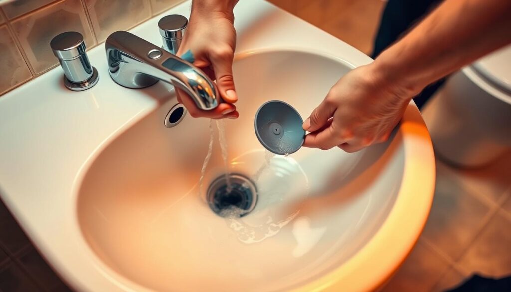 A plumber's hands skillfully using a plunger to unclog a bathroom sink drain, water swirling and draining efficiently. The scene is lit with soft, warm lighting, creating a subtle, calming atmosphere. The sink basin is made of a gleaming white porcelain, and the chrome faucet and hardware provide a contrasting metallic accent. The background is slightly blurred, but hints at a tiled bathroom wall and floor, conveying a sense of a practical, functional space. The image captures the process of resolving a common household plumbing issue with care and expertise.