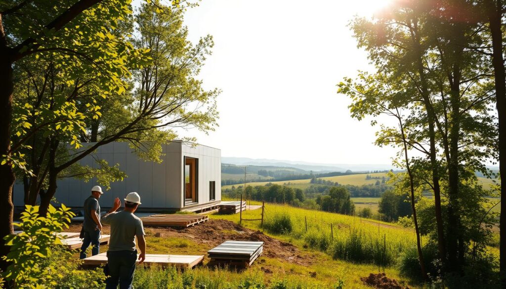 A prefab home construction site nestled in a lush, verdant landscape. In the foreground, workers in hard hats diligently assemble modular panels, the clean lines and precise joinery of the prefab components evident. Sunlight filters through the trees, casting a warm, golden glow over the scene. In the middle ground, a partially completed structure stands, its sleek, modern design a testament to the efficiency of prefab construction. The background reveals a picturesque rural setting, rolling hills, and a cloudless sky, suggesting the seamless integration of the prefab home into the natural environment. The overall atmosphere conveys a sense of harmony, progress, and the potential for sustainable, affordable living.