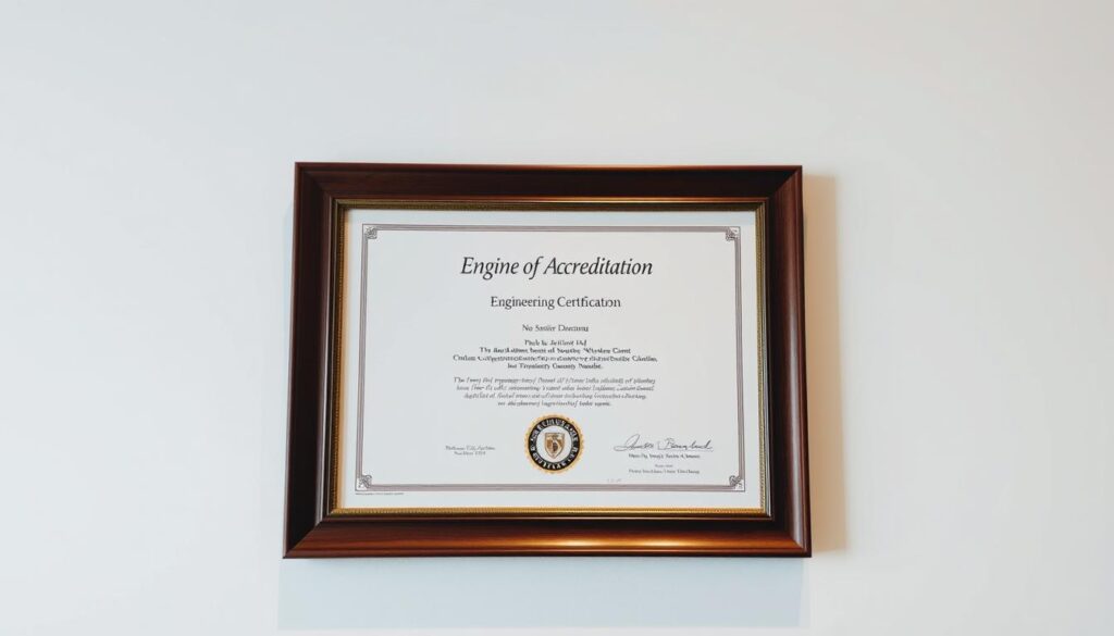 A prestigious engineering accreditation certificate, elegantly framed and illuminated by warm, focused lighting. The document's intricate seal and official insignia stand out against a crisp, clean background, exuding a sense of institutional prestige and academic excellence. The frame is made of polished, dark wood, conveying a timeless, sophisticated aesthetic. The overall composition is balanced, with the certificate centered and filling the frame, creating a powerful visual representation of the importance of accreditation in engineering programs.