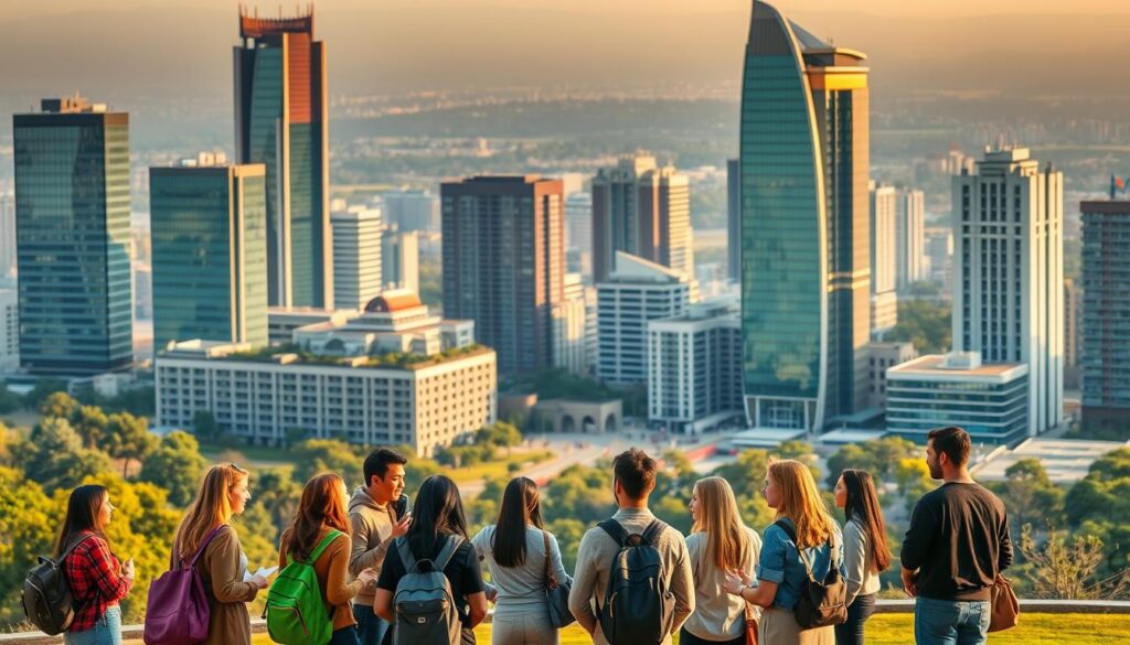 A prestigious university campus set against a vibrant cityscape, with towering modern architecture and lush green spaces. In the foreground, a group of diverse international students engage in animated discussions, their body language conveying a sense of intellectual curiosity and global collaboration. The scene is bathed in warm, golden-hour lighting, creating a welcoming and aspirational atmosphere. Shot from a slightly elevated angle, the composition showcases the campus's impressive scale and integration with the surrounding urban environment, highlighting its status as a leading institution for civil engineering education.