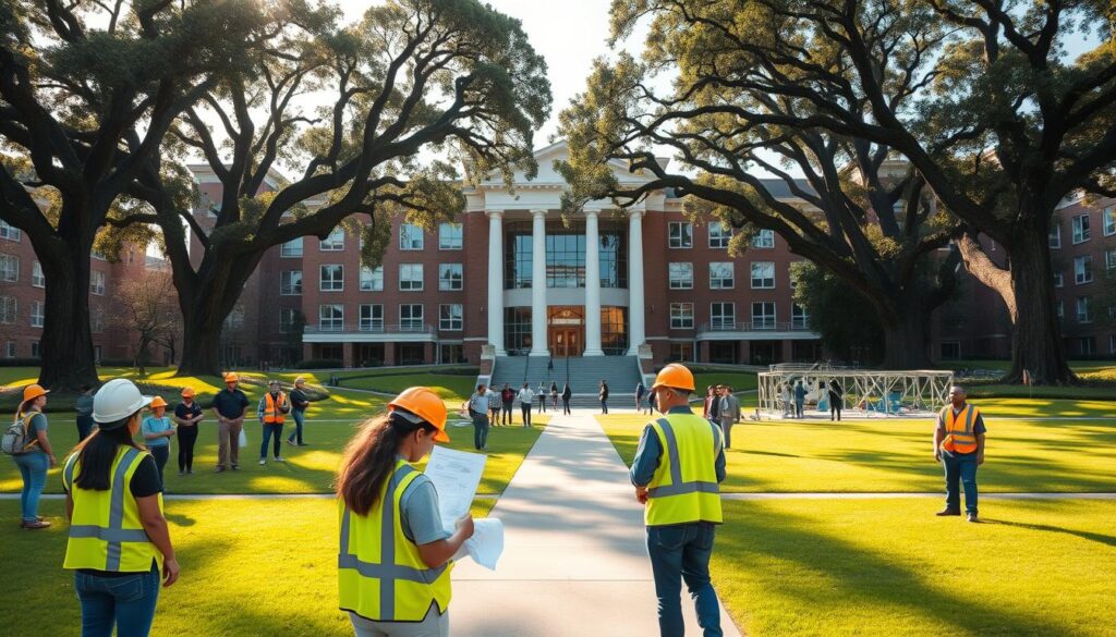 A prestigious university campus with a large civil engineering building at the center, surrounded by lush green lawns and towering oak trees. In the foreground, students in hard hats and safety vests engaged in hands-on learning, analyzing blueprints and conducting material testing experiments. The middle ground features a modern lecture hall with floor-to-ceiling windows, where professors deliver engaging lessons. In the background, state-of-the-art research laboratories with high-tech equipment, where innovative civil engineering solutions are developed. Warm, natural lighting filters through the scene, creating a vibrant, educational atmosphere.