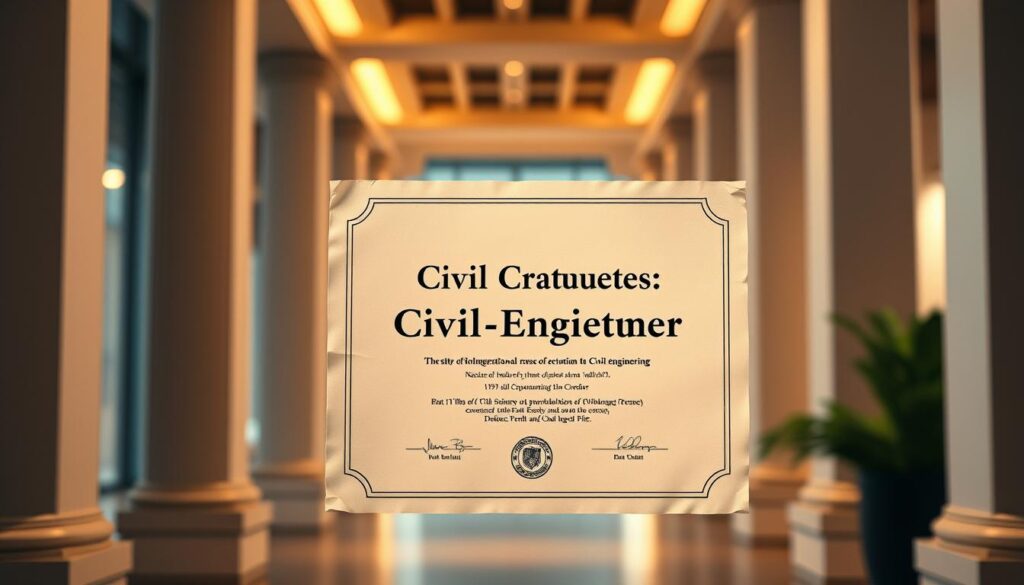 A pristine diploma in civil engineering, its parchment surface gleaming under warm, directional lighting. The document is centrally positioned, framed by an elegant border of geometric architectural elements - columns, arches, and clean lines that evoke the precision and technical mastery of the civil engineering discipline. The background is softly blurred, hinting at a professional office or academic setting, conveying the prestige and career opportunities unlocked by this credential. The overall composition radiates a sense of achievement, expertise, and the promise of a rewarding career in the built environment.