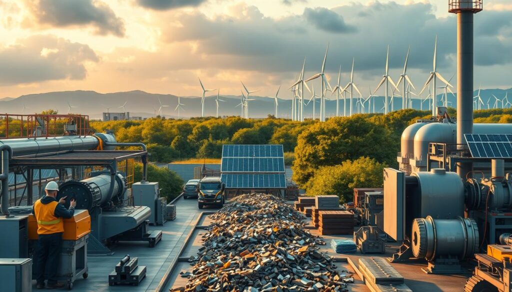 A pristine industrial facility, surrounded by lush greenery and renewable energy sources. In the foreground, a team of engineers meticulously operate cutting-edge metallurgical equipment, ensuring efficient and sustainable metal processing. The middle ground features a showcase of recycled and repurposed materials, highlighting the circular economy principles. In the background, a stunning vista of towering wind turbines and solar panels, casting a warm, golden glow over the entire scene. The atmosphere exudes a sense of technological innovation and environmental harmony, conveying the future of eco-conscious metallurgy.