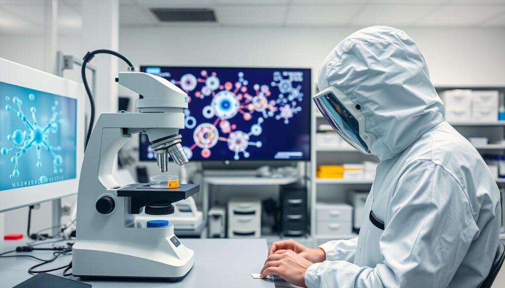 A pristine laboratory setting, with sleek, modern equipment and a sense of scientific precision. In the foreground, a scientist in a clean-room suit examines a sample under a high-powered microscope, their hands steady and focused. The middle ground features a display showing molecular structures and simulations, hinting at the intricate world of nanotechnology. In the background, shelves of neatly organized materials and safety gear, conveying the importance of responsible handling and containment. The lighting is bright and even, casting a clinical, yet intriguing atmosphere. The overall scene suggests the careful, meticulous nature of nanotechnology research and the need for rigorous safety protocols.