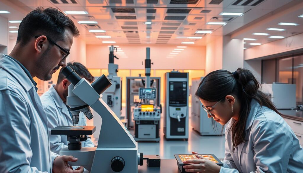 A pristine metallurgical engineering laboratory, bathed in warm, diffused lighting. In the foreground, a team of technicians scrutinize the intricate details of a metal alloy sample under a high-powered microscope, their faces illuminated by the instrument's soft glow. In the middle ground, an array of state-of-the-art analytical equipment stands ready, poised to uncover the secrets of the material's composition and structure. The background reveals the sleek, futuristic architecture of the facility, with clean lines and gleaming surfaces that evoke the precision and innovation at the heart of the metallurgical engineering profession.