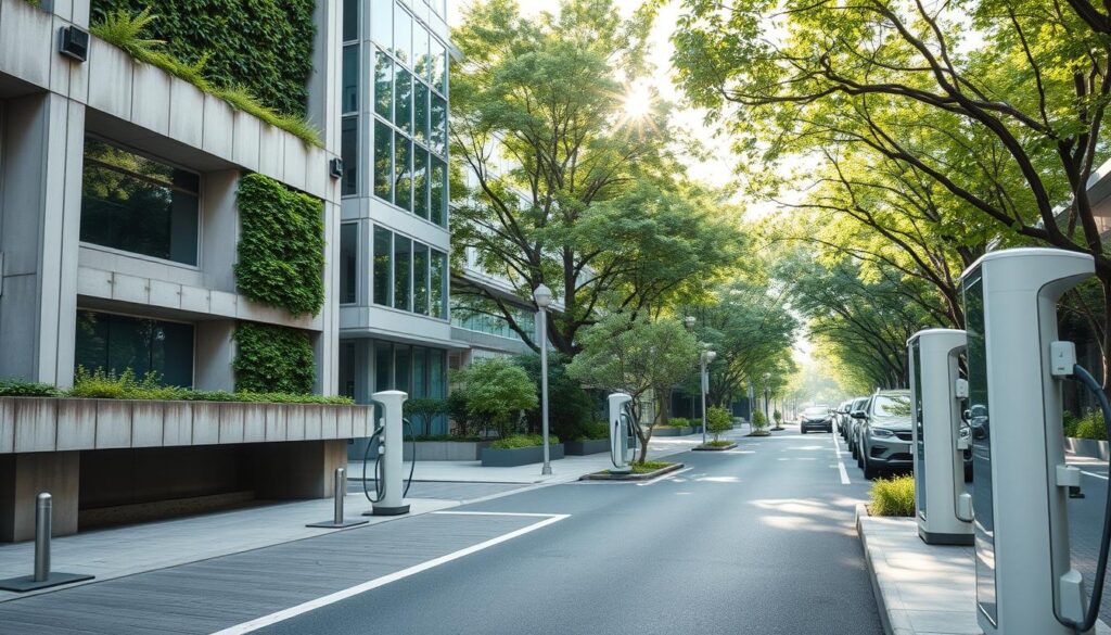 A pristine, modern city street with climate-resilient infrastructure. In the foreground, sturdy concrete and steel structures with reinforced foundations and shatter-resistant windows. Towering green walls and solar panels line the buildings, providing natural insulation and renewable energy. In the middle ground, electric vehicles charge at sleek, weather-sealed charging stations. Permeable paving and bioswales flank the road, efficiently managing stormwater runoff. In the background, a lush urban forest canopy filters the sunlight, casting a serene, dappled glow. The scene conveys a sense of sustainability, preparedness, and harmony between technology and nature.