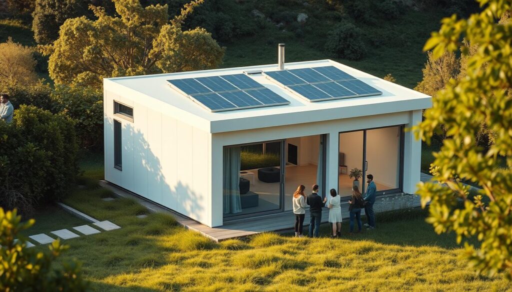 A pristine, modern prefab building nestled in a lush, verdant landscape. The structure features clean lines, large windows, and a sleek, sustainable design with solar panels on the roof. In the foreground, a group of people are gathered, discussing the building's eco-friendly features. The lighting is warm and natural, casting a soft glow over the scene. The camera angle is slightly elevated, giving a birds-eye view of the harmonious integration of the structure with its natural surroundings. The overall atmosphere conveys a sense of tranquility, efficiency, and a commitment to environmentally-conscious building practices.