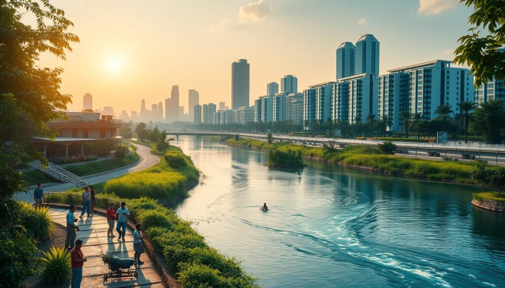 A pristine river flowing through a sustainable city, surrounded by lush greenery and modern infrastructure. In the foreground, a group of citizens engage in water conservation activities, such as rain harvesting and efficient irrigation. The midground features a network of canals and distribution systems, seamlessly integrated into the urban landscape. In the background, towering skyscrapers with solar panels and green roofs stand as a testament to the city's commitment to renewable energy and water management. Warm, diffused lighting casts a serene glow, highlighting the harmonious coexistence of nature and technology. The scene conveys a sense of environmental responsibility and forward-thinking policies that enable smart, sustainable water management.