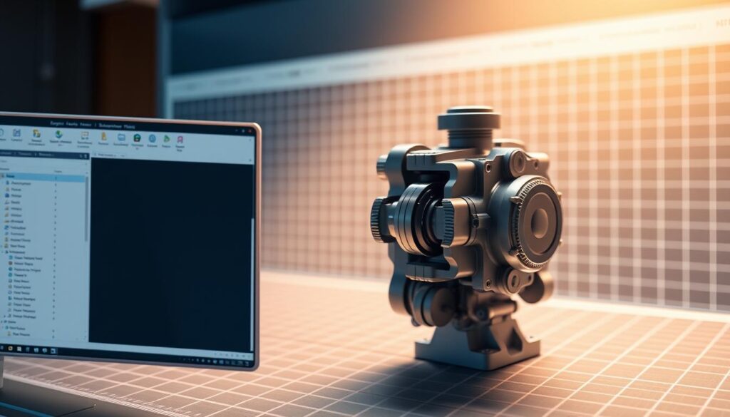 A professional 3D engineering design software interface, showcasing a detailed CAD model of a complex mechanical assembly. The foreground features a sleek, minimalist user interface with clean lines, intuitive icons, and a highly responsive toolbar. The middle ground displays the 3D model in high-fidelity, with accurate materials, textures, and intricate component details. The background subtly blends a grid-based workspace, casting a warm, technical ambiance. Soft, directional lighting illuminates the scene, highlighting the precise engineering and attention to detail. The overall composition conveys the power, versatility, and user-friendly nature of advanced engineering design software.