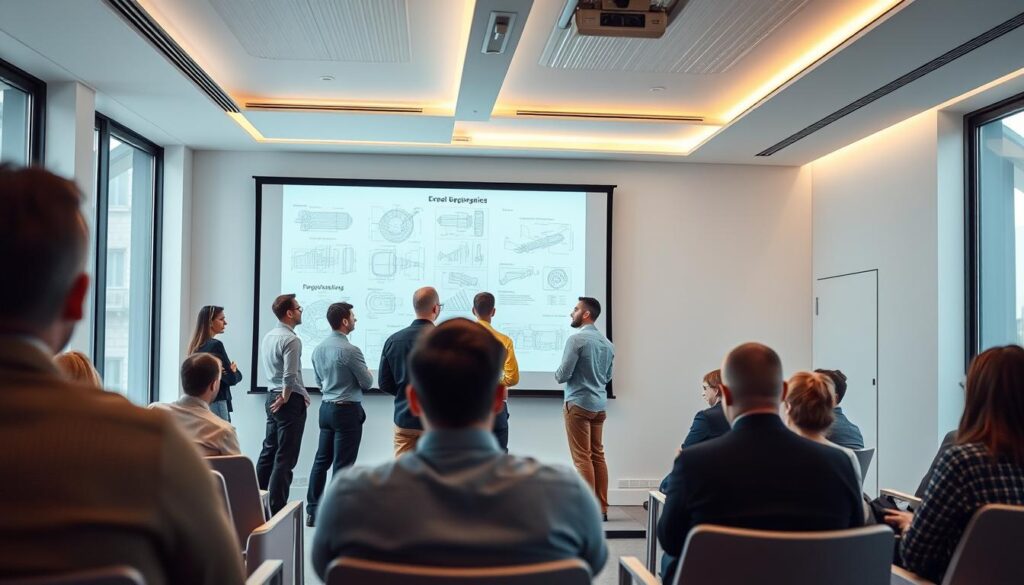 A professional business presentation in a modern conference room. Bright and airy atmosphere with large windows, clean white walls, and sleek, minimalist furniture. In the foreground, a team of engineers standing around a large projected screen, presenting their technical diagrams and schematics to an audience. Crisp, high-quality visuals with a focus on the engineering details and problem-solving aspects of the project. Warm, directional lighting from the ceiling accentuates the serious, yet collaborative mood. Subtle depth of field blurs the background, keeping the audience and presenters in sharp focus. An atmosphere of diligence, innovation, and pride in the engineers' work.