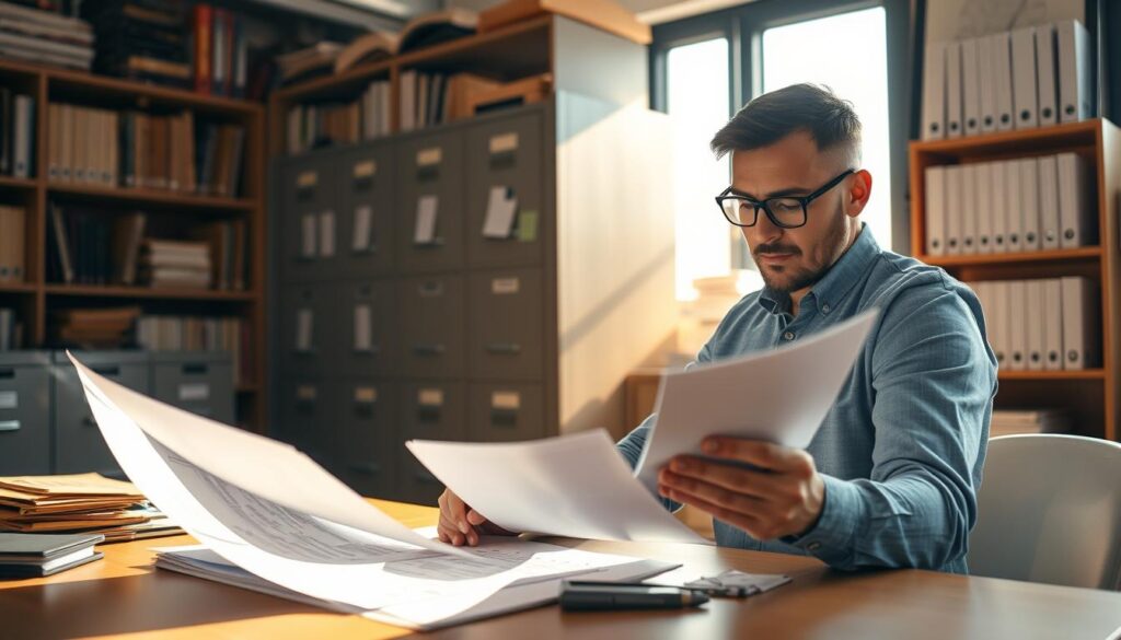 A professional civil engineer reviewing paperwork at a well-lit desk, meticulously examining documents with a focused expression. Behind them, filing cabinets and bookshelves filled with reference materials, conveying the diligence and expertise required for license renewal. The scene is bathed in warm, natural lighting, evoking a sense of order and professionalism. The angle is slightly elevated, providing a clear view of the engineer's workspace and the various tools and resources they utilize in the license renewal process.