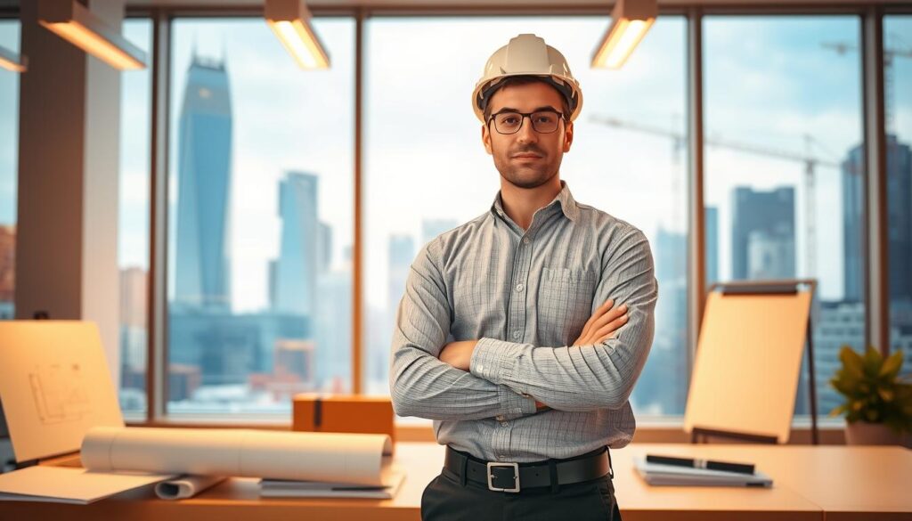 A professional civil engineer standing confidently in a bright, well-lit office, surrounded by engineering schematics and technical documents. In the background, a towering cityscape with skyscrapers and construction sites, representing the scope of the engineering industry. Warm lighting creates a sense of ambition and achievement. The engineer's pose conveys expertise and leadership, hinting at the potential for career advancement through licensure and continued professional development. The overall scene evokes the rewarding path of a licensed civil engineer, poised for growth and impact within the built environment.