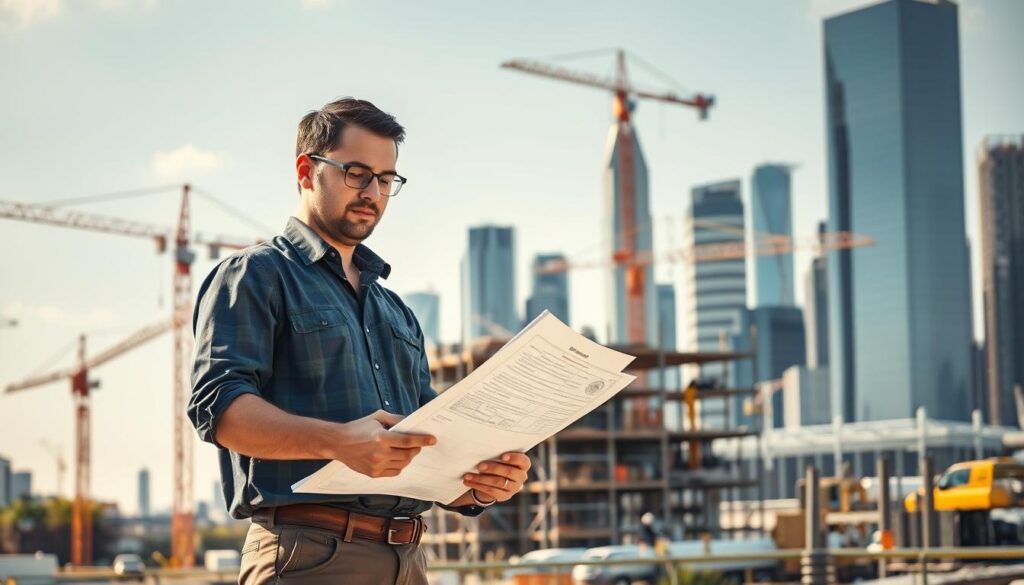 A professional civil engineer standing in the foreground, examining blueprints and specifications with a focused expression. In the middle ground, a construction site with cranes, scaffolding, and workers actively engaged in various building tasks. The background features a modern city skyline, with towering skyscrapers and infrastructure projects, symbolizing the vast opportunities for career development in the civil engineering field. The scene is illuminated by warm, natural lighting, creating a sense of ambition, productivity, and the fulfillment of bringing complex designs to life.