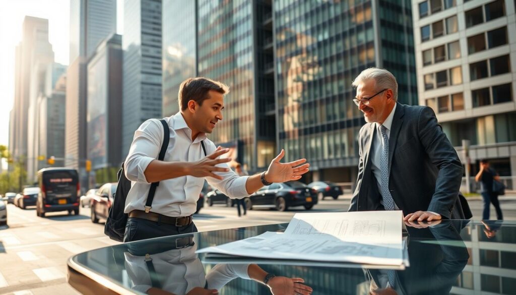 A professional civil engineering intern navigating the bustling streets of New York City, engrossed in a conversation with a seasoned mentor. The scene is bathed in warm afternoon light, casting soft shadows on the modern high-rise buildings in the background. The intern, dressed in a crisp button-down shirt and slacks, gestures enthusiastically as they discuss technical drawings spread out on a sleek, glass-topped table. The mentor, in a tailored suit, leans in with an encouraging smile, sharing insights that will help the intern build essential industry connections. The atmosphere exudes a sense of mentorship, collaboration, and the promise of a thriving career in civil engineering.