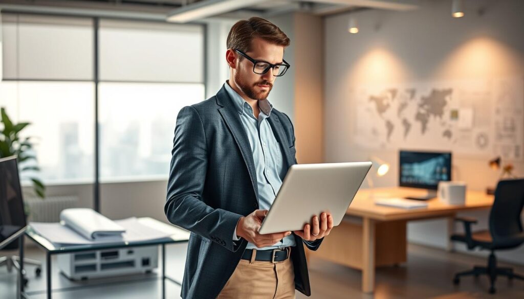 A professional consultant engineer standing confidently in a modern office, laptop in hand, surrounded by a sleek workspace with architectural drawings, 3D models, and cutting-edge technology. Warm lighting casts a focused glow, highlighting the engineer's deep concentration as they review project details, embodying the expertise and problem-solving skills essential for a successful consulting career path. The scene conveys a sense of dynamic progress, reflecting the high-level problem-solving and strategic thinking required to thrive in this specialized field.