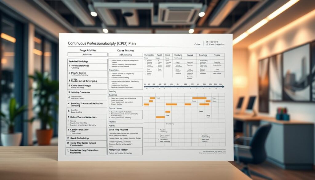A professional, detailed blueprint for a personalized Continuous Professional Development (CPD) plan, centered on the career growth of a civil engineer. The foreground features a neatly organized list of CPD activities, including technical workshops, industry conferences, online courses, and peer networking. The middle ground showcases a visually appealing timeline and progress tracker, allowing the engineer to monitor their learning and skill development. In the background, a sleek, minimalist office setting with clean lines and warm lighting, conveying a sense of focus, productivity, and a dedication to self-improvement. The overall mood is one of a methodical, structured approach to advancing one's civil engineering expertise and staying up-to-date with the latest industry trends and best practices.