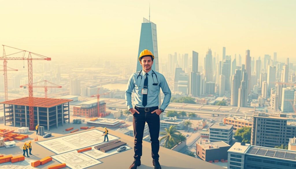 A professional, dynamic illustration showcasing the career benefits of IEK membership. In the foreground, a confident engineer stands amidst a bustling construction site, overseeing intricate blueprints and coordinating a team of workers. The middle ground features a sleek high-rise office, symbolizing the leadership opportunities and networking advantages of IEK affiliation. In the background, a panoramic vista of the city skyline, conveying the wide-ranging career prospects and industry recognition that IEK membership can provide. Soft, warm lighting illuminates the scene, creating a sense of ambition, professionalism, and growth. Captured through a wide-angle lens, the image exudes a sense of scale, dynamism, and the promise of a rewarding engineering career empowered by IEK.