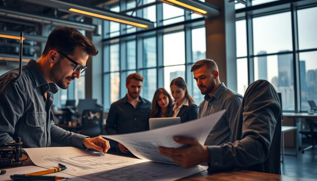 A professional engineer meticulously reviewing technical blueprints under warm studio lighting, surrounded by an array of precision tools and equipment. In the middle ground, a team of engineers collaborating on a complex computer-aided design, their expressions focused and thoughtful. In the background, a sleek, modern office space with towering windows overlooking a cityscape, symbolizing the forward-thinking, ethical principles guiding their work. An atmosphere of dedication, integrity, and a steadfast commitment to responsible, sustainable engineering practices.