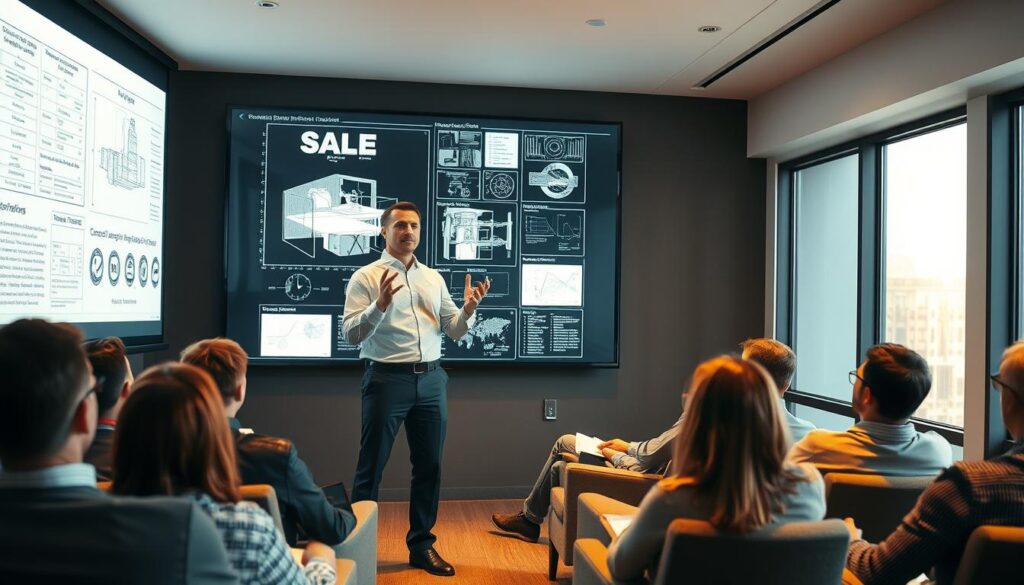 A professional engineer presenting a detailed project plan on a large screen, with technical diagrams, charts, and schematics displayed. The presenter stands confidently in front of the audience, dressed in a crisp button-down shirt and slacks, gesturing animatedly as they explain the key design considerations and engineering challenges. Warm, focused lighting illuminates the scene, creating a sense of importance and authority. The audience, seated in comfortable chairs, leans forward with rapt attention, eager to understand the intricacies of the project. The room has a modern, minimalist aesthetic, with clean lines and a subtle color palette that allows the presentation to take center stage.