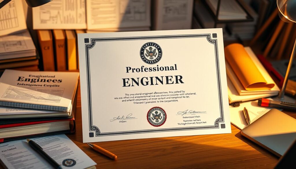A professional engineer's certificate emblazoned with a seal, displayed on a wooden desk amidst a collection of technical books, engineering tools, and a laptop. The certificate is illuminated by warm, directional lighting, casting subtle shadows that add depth and dimensionality. The overall scene conveys a sense of expertise, accomplishment, and the importance of professional development in the engineering field.