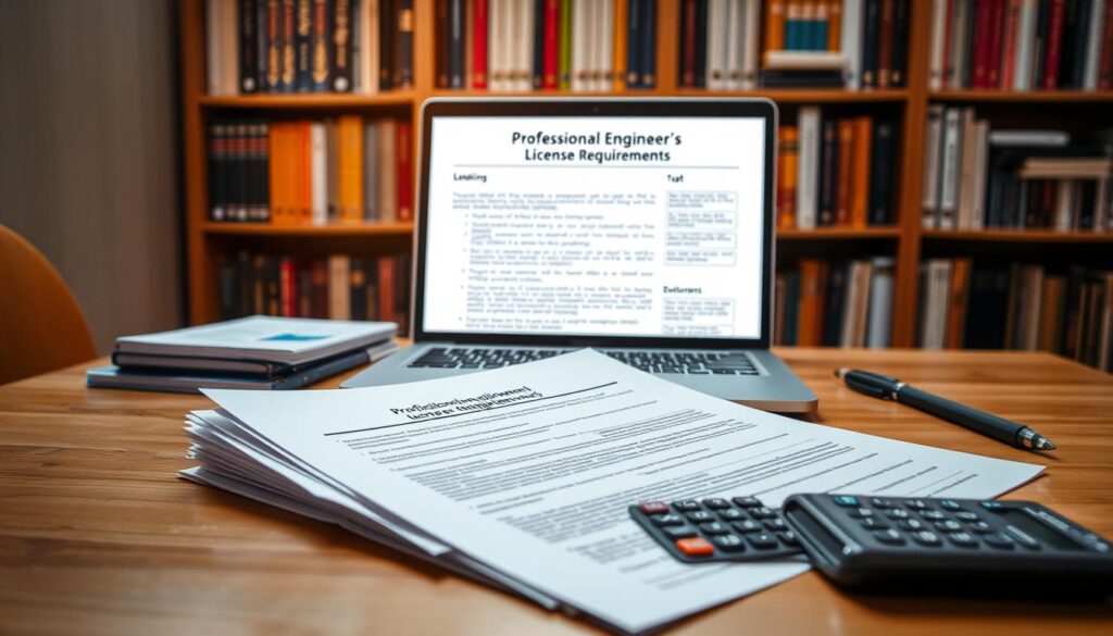 A professional engineer's license requirements displayed on a well-lit wooden desk. In the foreground, a stack of official documents and a calculator. In the middle ground, a laptop displaying detailed licensing information. In the background, a bookshelf filled with engineering textbooks and reference materials. The lighting is warm and inviting, creating a scholarly atmosphere. The composition emphasizes the seriousness and attention to detail required for obtaining a professional engineering license.