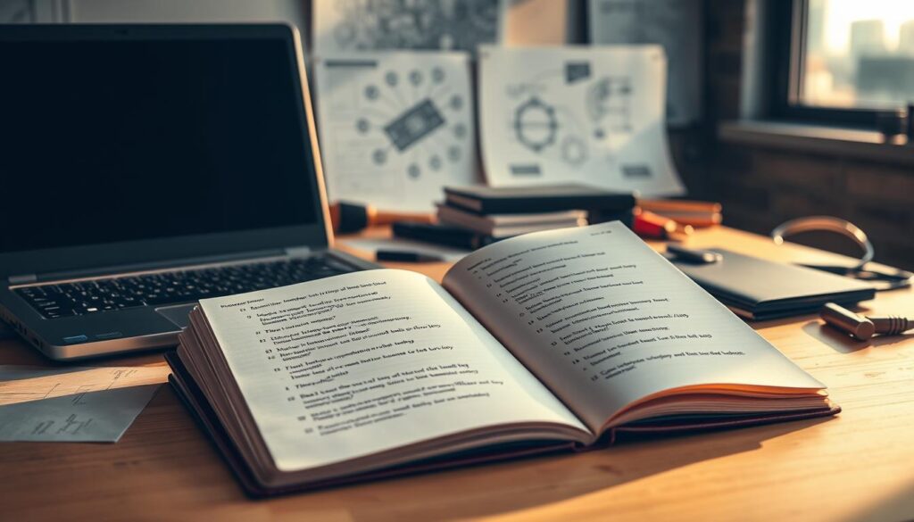 A professional engineer's workspace, with a desk, laptop, and open notebook displaying various interview questions related to engineering. Warm, natural lighting illuminates the scene, creating a contemplative and focused atmosphere. The foreground features the notebook and laptop, with the background showcasing engineering diagrams, tools, and a subtle cityscape visible through a window. The image conveys the sense of preparing for a critical engineering internship interview, where the candidate is carefully reviewing common questions and anticipating the challenges ahead.
