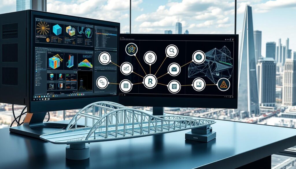 A professional-grade engineering workstation sits atop a sleek, modern desk, its multiple high-resolution displays showcasing an array of simulation software interfaces. In the foreground, a 3D model of a bridge structure rotates seamlessly, its intricate details and material properties highlighted by precisely adjusted lighting. In the middle ground, a network diagram illustrates the interconnected nature of various civil engineering analysis tools, each icon representing a specialized application for structural, geotechnical, or transportation simulations. The background reveals a cityscape, where towering skyscrapers and sprawling infrastructure projects hint at the real-world impact of these digital design and optimization tools. The overall scene conveys a sense of technological sophistication, efficiency, and the transformative power of simulation in modern civil engineering practice.