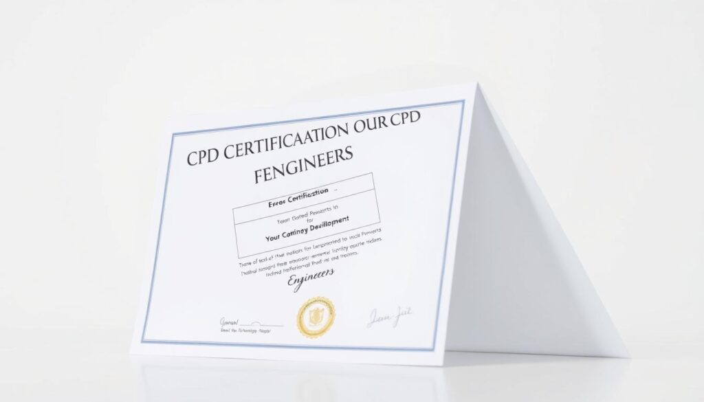 A professional-looking certificate for Continuing Professional Development (CPD) in engineering, displayed against a clean, minimalist background. The certificate is prominently featured, with a bold, sans-serif title "CPD CERTIFICATION FOR ENGINEERS" at the top. The document is meticulously designed, with precise alignment, clean typography, and an official seal or emblem to convey legitimacy. The lighting is soft and diffused, creating a subtle, yet sophisticated atmosphere. The angle is slightly elevated, giving the impression of an official, important document. The overall composition is balanced and visually appealing, highlighting the significance of the CPD certification for engineers.
