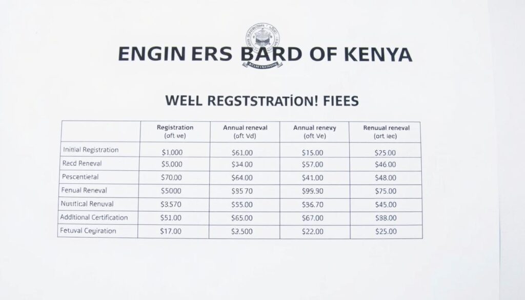 A professional-looking table displaying the official registration fees for the Engineers Board of Kenya, set against a clean, minimalist background. The table features crisp, neatly organized rows and columns, highlighting the various fee categories such as initial registration, annual renewal, and additional certifications. The layout is designed to convey a sense of authority and transparency, with a neutral color scheme that complements the serious nature of the subject matter. Carefully considered lighting and camera angles ensure the details of the table are clearly visible, presenting the information in a clear and accessible manner.