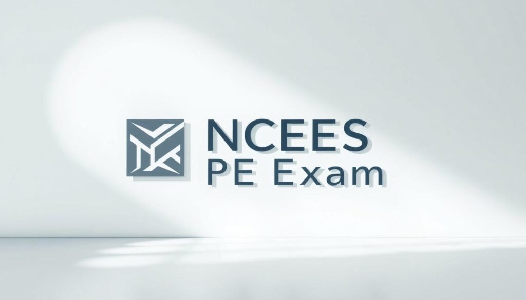 A professional, meticulously designed NCEES PE exam logo against a clean, minimalist background. The logo features a bold, geometric design with crisp lines and a subtle gradient, conveying a sense of authority and credibility. The examination title is prominently displayed in a clear, modern typeface. The scene is illuminated by soft, directional lighting, casting gentle shadows and creating a sense of depth and dimension. The overall composition is balanced and visually striking, reflecting the rigor and prestige associated with the professional engineering licensure process.
