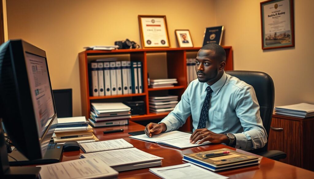 A professional office interior with a wooden desk, desktop computer, and various documents and stationery. In the foreground, an engineer in a collared shirt and tie sits at the desk, filling out forms. Behind them, a bookshelf with technical manuals and a framed certificate on the wall. Warm, indirect lighting illuminates the scene, creating a focused, administrative atmosphere. The overall composition conveys the process of renewing one's professional registration with the Engineers Board of Kenya.