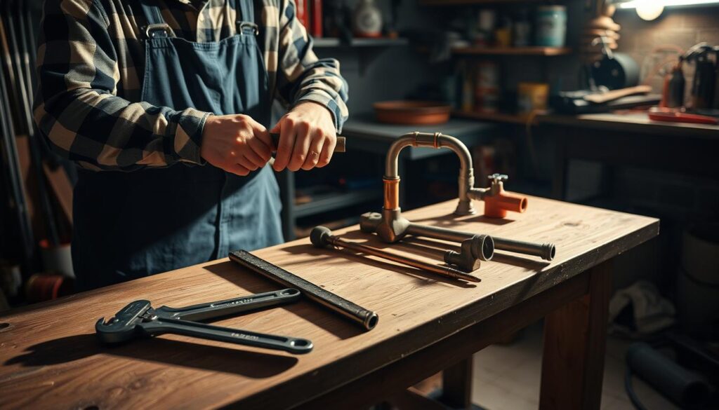 A professional plumber at work, skillfully manipulating a set of advanced plumbing tools, including a pipe wrench, a basin wrench, and a copper tubing cutter, in a dimly lit basement workshop. The tools are meticulously arranged on a worn wooden workbench, casting long shadows that create a sense of depth and perspective. The plumber, wearing a worn plaid shirt and denim overalls, is intently focused on the task at hand, their hands expertly guiding the pipes and fittings into place. The walls are lined with shelves filled with various plumbing supplies, suggesting a well-stocked and organized workspace. The overall mood is one of concentration and professionalism, capturing the essence of advanced plumbing techniques.