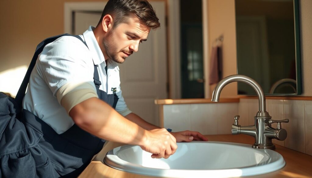 A professional plumber expertly assessing a residential sink, wearing a clean uniform and carrying a toolbox. Warm, natural lighting illuminates the scene, casting soft shadows. The plumber's face is focused, conveying a sense of competence and diligence. The sink and surrounding countertop are in the foreground, with the rest of the bathroom visible in the background, suggesting a typical home setting. The composition highlights the plumber's role in providing a professional, reliable service to address the homeowner's plumbing issue.
