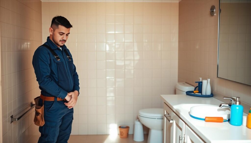 A professional plumber standing in a well-lit residential bathroom, wearing a blue jumpsuit, work boots, and a tool belt. The plumber has a serious, focused expression as they inspect a sink or toilet, with tools and supplies organized on a nearby counter. The room has clean, tiled walls and a polished vanity, creating a sense of professionalism and attention to detail. The lighting is warm and directional, casting subtle shadows that emphasize the plumber's skilled hands and problem-solving demeanor. The overall scene conveys the expertise and reliability required when calling a professional to handle complex plumbing issues in the home.