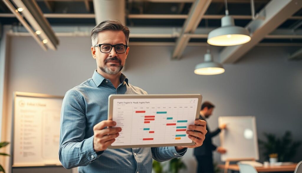A professional project manager standing in a well-lit, modern office, confidently reviewing a Gantt chart on a tablet. In the background, a team of designers and engineers collaborate on a whiteboard, with the project's key milestones and deadlines visible. Soft, directional lighting from overhead fixtures casts a warm glow, creating a focused and productive atmosphere. The manager's expression conveys a mix of concentration and determination, embodying the essential skills of effective project leadership: organization, communication, and problem-solving.