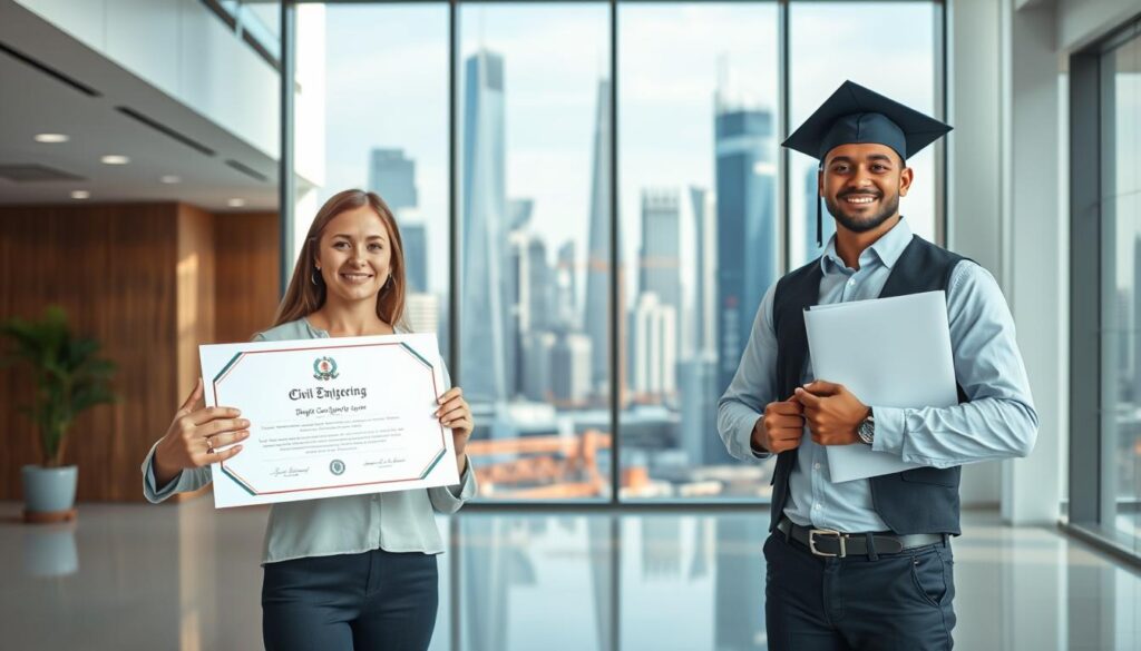 A professional, well-lit scene showcasing a direct comparison between civil engineering qualifications. In the foreground, two individuals, one holding a diploma and the other a university degree, stand side-by-side, their hands extended in a gesture of presentation. The mid-ground features a modern office setting, with a clean, minimalist design and soft, natural lighting filtering through large windows. In the background, a cityscape of towering skyscrapers and infrastructure projects, symbolizing the practical applications of civil engineering expertise. The overall atmosphere conveys a sense of professionalism, education, and the real-world impact of these qualifications.