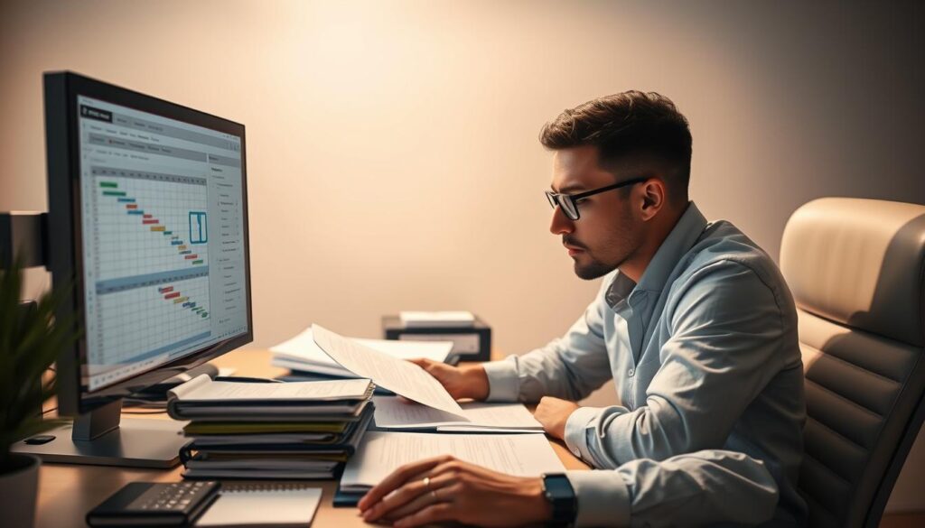 A project manager sits at a desk, deeply engrossed in planning and scheduling documents. Soft, directional lighting illuminates the scene, casting gentle shadows that highlight the concentration on their face. In the foreground, a computer monitor displays Gantt charts and task lists, while the middle ground features neatly organized binders, calendars, and notepads. The background blurs into a minimalist office environment, allowing the focal point to remain on the manager's work. The overall atmosphere conveys a sense of diligence, focus, and the importance of meticulous planning in project management.