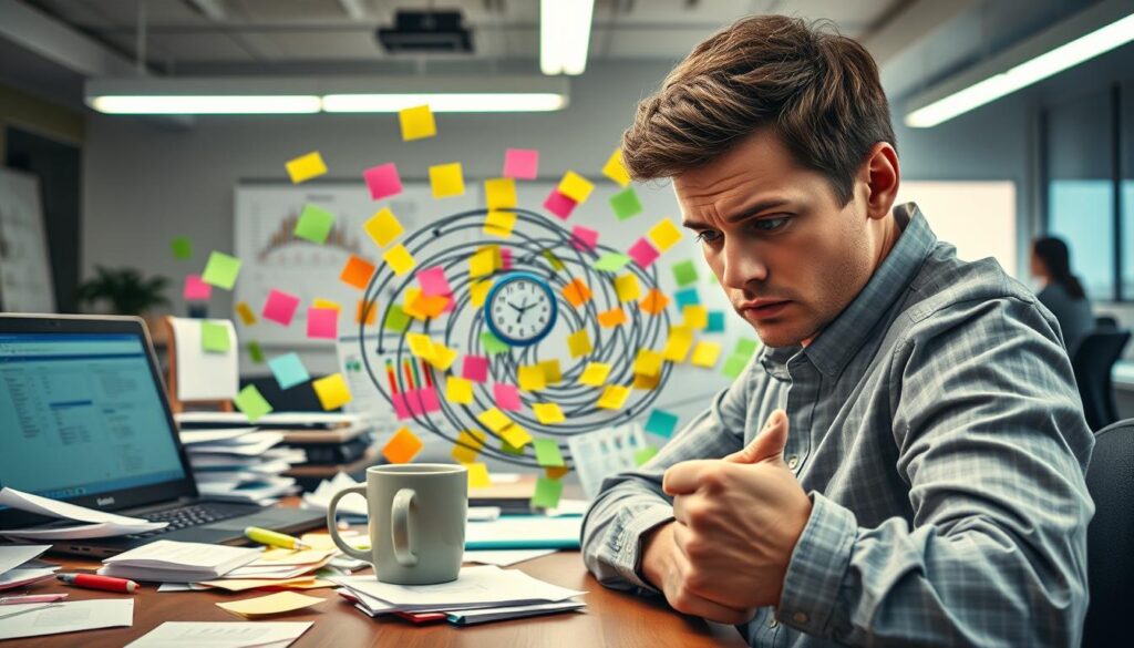 A project manager's desk, cluttered with scattered papers, a laptop, and a half-empty coffee mug, sits under harsh fluorescent lighting. In the foreground, a stressed-looking project manager furrows their brow, surrounded by a swirling vortex of colorful sticky notes and looming deadlines. The middle ground features a tangled web of Gantt charts, budget spreadsheets, and communication logs, hinting at the complexity of their responsibilities. In the background, a blurred silhouette of a team meeting, with team members gesturing animatedly, represents the collaborative challenges faced. The overall mood is one of overwhelming pressure and the need for exceptional multitasking and problem-solving skills.