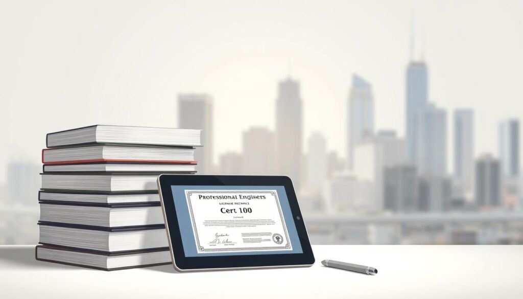 A realistic rendering of professional engineer licensure requirements, captured in a clean and minimalist illustration. In the foreground, a stack of engineering textbooks and a tablet displaying a certificate or license. In the middle ground, a technical diagram or schematic, representing the technical knowledge and competencies required. In the background, a softly blurred cityscape, suggesting the professional context in which licensed engineers operate. Soft, directional lighting illuminates the scene, creating a sense of focus and clarity. The overall mood is one of professionalism, expertise, and the importance of proper credentials in the engineering field.