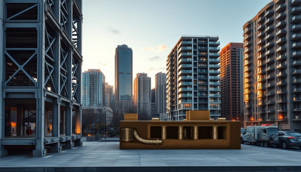 A reinforced concrete building with a focus on earthquake-resistant design techniques. In the foreground, a cross-section reveals the interlocking steel frame and shear walls, providing structural integrity. The middle ground depicts a cutaway view of the building's foundation, showcasing the use of base isolators and damping systems to absorb seismic energy. In the background, a cityscape with other modern, earthquake-resistant structures stands tall, illuminated by a warm, golden sunset glow. The scene conveys a sense of resilience, innovation, and the commitment to creating safe, sustainable urban environments.