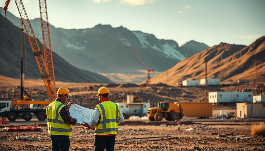 A remote construction site set against a rugged, mountainous landscape. In the foreground, a team of engineers in high-visibility vests and hard hats are gathered around a blueprint, discussing the details of their project. In the middle ground, a crane hoists heavy equipment while a bulldozer clears the terrain. In the background, modular housing units and temporary structures dot the site, showcasing the innovative solutions employed for this remote location. Warm, directional lighting casts dramatic shadows, highlighting the hard work and technical expertise required for this off-grid endeavor. The scene conveys a sense of resilience, problem-solving, and the power of human ingenuity to overcome the challenges of remote site engineering.