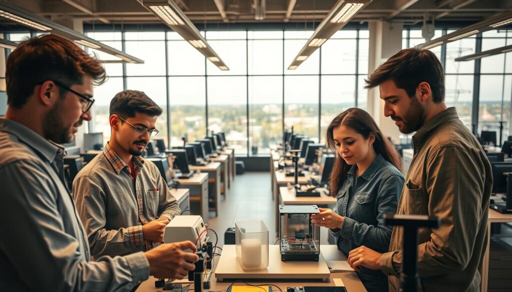 A research laboratory in an engineering university setting, with a focus on innovative projects and cutting-edge technology. In the foreground, a team of engineers collaborating over a 3D-printed prototype, their expressions reflecting deep thought and problem-solving. In the middle ground, rows of workstations and specialized equipment, all bathed in a warm, focused lighting that creates a sense of concentration and productivity. The background showcases floor-to-ceiling windows, offering a panoramic view of the campus, symbolizing the integration of research within the broader educational environment. The overall atmosphere conveys the crucial role of research in shaping the future of engineering education, fostering creativity, and preparing the next generation of innovators.