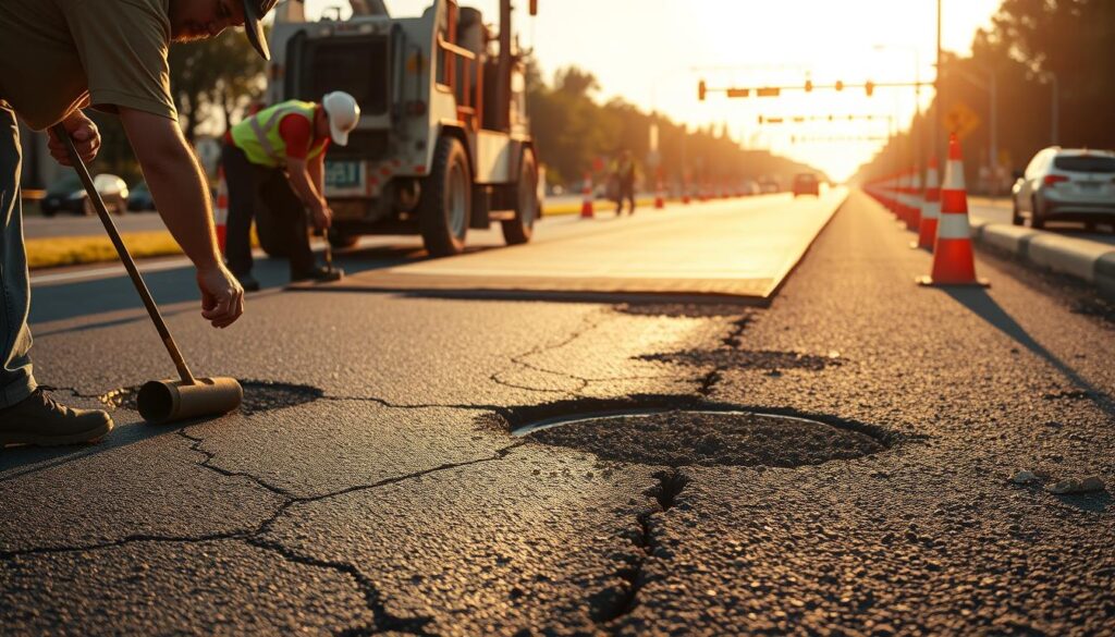 A road crew diligently repairing a stretch of asphalt, the sun casting warm shadows across the scene. In the foreground, workers methodically filling cracks and potholes, their hands deftly wielding tools. In the middle ground, a paving machine smoothing fresh tar, its powerful engine rumbling. In the background, traffic cones and warning signs guide vehicles safely around the work zone. The atmosphere is one of focused productivity, underscoring the importance of routine maintenance to keep roads durable and functional.